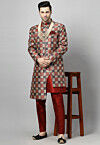 Digital Printed Art Silk Kurta Set in Maroon and Multicolor