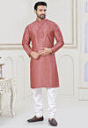 Digital Printed Art Silk Kurta Set in Peach