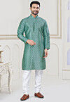 Digital Printed Art Silk Kurta Set in Sea Green