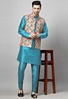 Digital Printed  Art Silk Kurta Set in Sky Blue and Multicolor