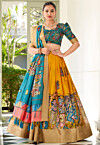 Digital Printed Art Silk Lehenga in Mustard