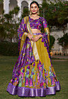 Digital Printed Art Silk Lehenga in Olive Green
