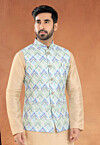 Digital Printed Art Silk Nehru Jacket in Dusty Green