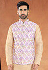 Digital Printed Art Silk Nehru Jacket in Light Purple