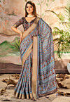 Digital Printed Art Silk Saree in Brown and Teal Blue
