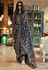 Digital Printed Art Silk Saree in Charcoal Black