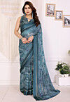 Digital Printed Art Silk Saree in Dark Teal Blue