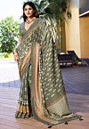 Digital Printed Art Silk Saree in Dusty Green