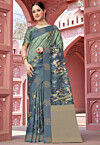 Digital Printed Art Silk Saree in Green and Dusty Blue