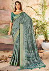 Digital Printed Art Silk Saree in Teal Green