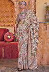 Digital Printed Art Silk Saree in Off White