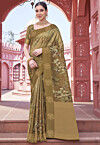 Digital Printed Art Silk Saree in Olive Green