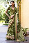 Digital Printed Art Silk Saree in Olive Green