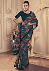 Digital Printed Art Silk Saree in Teal Green