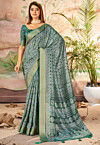 Digital Printed Art Silk Saree in Teal Green