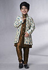Digital Printed Art Silk Sherwani in Brown