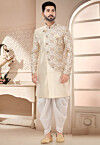 Digital Printed Art Silk Sherwani in Cream