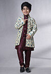 Digital Printed Art Silk Sherwani in Wine