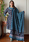 Digital Printed Chanderi Cotton Pakistani Suit in Teal Blue