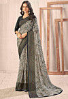 Digital Printed Chiffon Brasso Saree in Grey