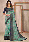 Digital Printed Chiffon Brasso Saree in Sea Green