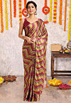 Digital Printed Chiffon Saree in Beige and Maroon