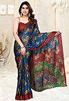 Digital Printed Chiffon Saree in Navy Blue
