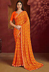 Digital Printed Chiffon Saree in Orange