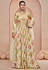 Digital Printed Chinon Chiffon Abaya Style Suit in Beige
