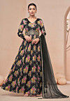 Digital Printed Chinon Chiffon Abaya Style Suit in Black