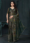 Digital Printed Chinon Chiffon Shimmer Scalloped Saree in Green