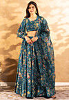Digital Printed Chinon Silk Lehenga in Teal Blue