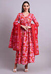 Digital Printed Cotton A Line Suit in Red