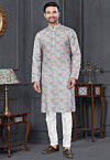Digital Printed Cotton Kurta Set in Peach and Blue