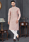 Digital Printed Cotton Kurta Set in Peach