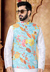 Digital Printed Cotton Nehru Jacket in Blue