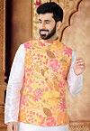 Digital Printed Cotton Nehru Jacket in Yellow