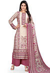 Digital Printed Cotton Pakistani Suit in Beige and Purple