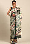 Warli Printed Cotton Saree in Dusty Green