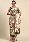 Warli Printed Cotton Saree in Dusty Green