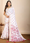 Digital Printed Cotton Saree in Off White