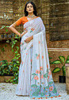 Digital Printed Cotton Saree in Off White