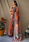 Digital Printed Cotton Saree in Orange