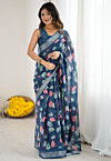 Digital Printed Cotton Saree in Teal Blue