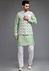 Digital Printed Cotton Silk Kurta Set in Sea Green and White