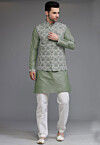 Digital Printed Cotton Silk Kurta Set in Dusty Green