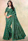 Digital Printed Cotton Silk Saree in Teal Green
