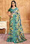 Digital Printed Crepe Saree in Green