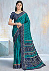 Digital Printed Crepe Saree in Teal Blue