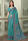 Digital Printed Crepe Saree in Teal Green
